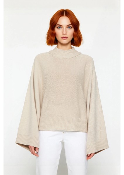 Kadın Basic Siluet Oversize Dik Yaka Ispanyol Kol Akrilik Triko Kazak Konforlu ve Modern Kaliteli fiyatları