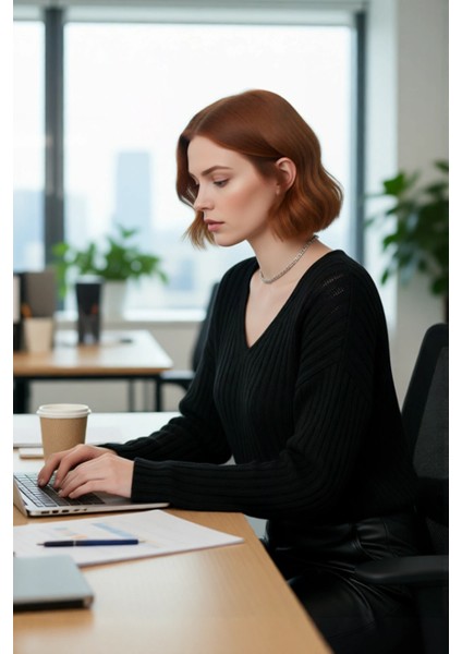 Kadın V Yaka Geniş Kalıp Yünlü Triko Kazak Uzun Kollu Fitilli Düz Basic Günlük Kombinlerin fırsatları