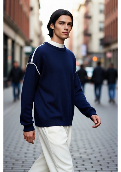 Erkek Bisiklet Yaka Oversize Akrilik Triko Kazak Biye Detaylı Uzun Kollu Kışlık Giyim Kaliteli fırsatları