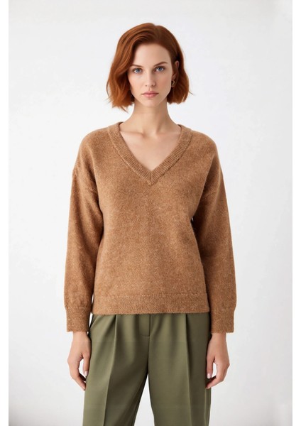 Modern Kadın Oversize V Yaka Triko Düz Düşük Kol Günlük Basic Kışlık Alpaka Karışımlı Kazak