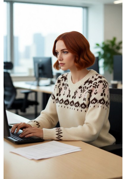 Kadınlara Özel Oversize Rahat Kesim Etnik Triko Kazak V Yaka Kış Sezonu Soğuk Hava Şıklığı