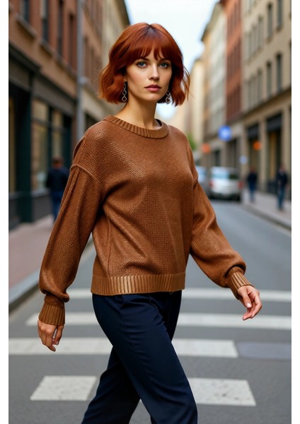 Kadınlara Özel Oversize Bisiklet Yaka Varak Baskılı Uzun Kollu Triko Kazak Kışlık Kombinler fırsatları