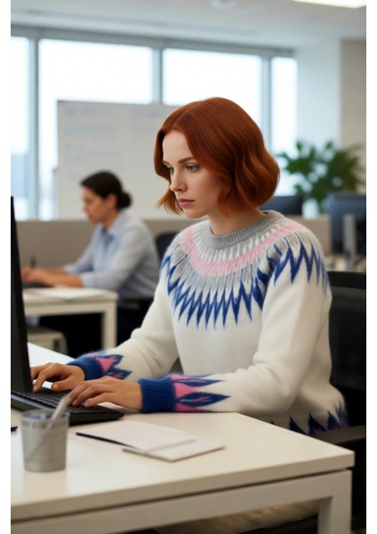 Kadın Günlük Kullanım Için Rahat Reglan Kol Regular Kalıp Triko Kışlık Geometrik Desenli Kazak