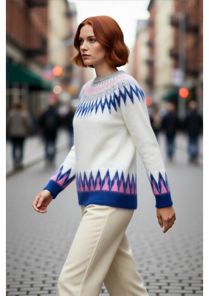 Kadın Günlük Kullanım Için Rahat Reglan Kol Regular Kalıp Triko Kışlık Geometrik Desenli Kazak fırsatları