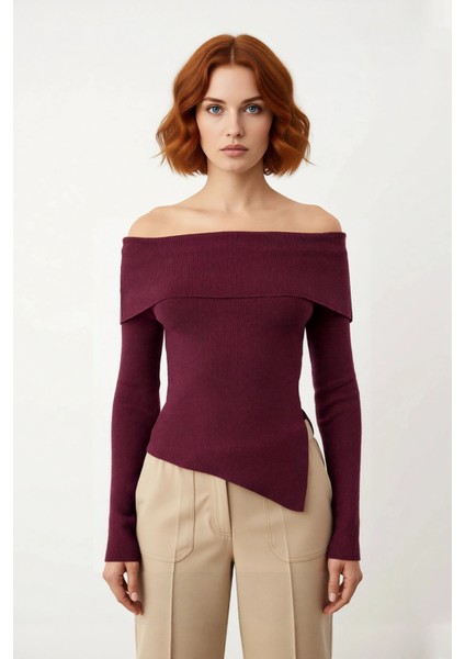 Kadın Fitted Carmen Yaka Düz Ince Triko Bluz Uzun Standart Kol Şık Tasarım Günlük ve Gece Kombinleri