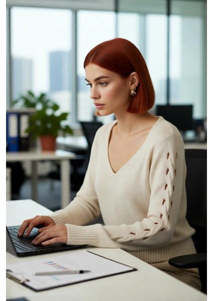 Kadın Basic Siluet Ajurlu Uzun Kollu V Yaka Triko Kazak Casual ve Fashion Forward Görünümler Sunar.