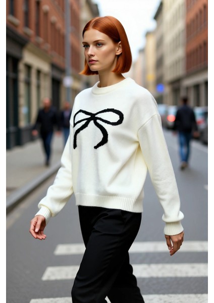 Kadın Regular Kalıp Selanik Dokuma Kurdele Desenli Basic Siluet Triko Kazak Günlük Giyim Kaliteli fırsatları