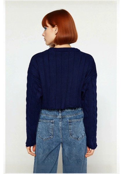 Kadınlara Özel Ekru Regular Kesim Süper Crop Saç Örgü Bisiklet Yaka Uzun Kol Akrilik Triko Kazak fiyatları