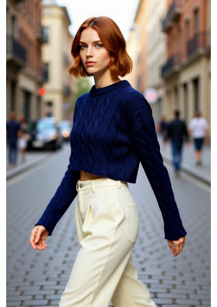 Kadınlara Özel Ekru Regular Kesim Süper Crop Saç Örgü Bisiklet Yaka Uzun Kol Akrilik Triko Kazak modelleri