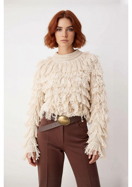 Kadın Regular Kalıp Dokulu Triko Kazak Bisiklet Yaka Püsküllü Tasarım Soğuk Havalar Için Rahat