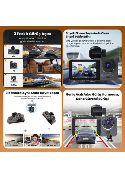 Araç Içi Hd Kamera 3 Kameralı Wifi Özellikli 1080P Full Hd Gece Görüşlü G-Sensör Dashcam Y15 modelleri