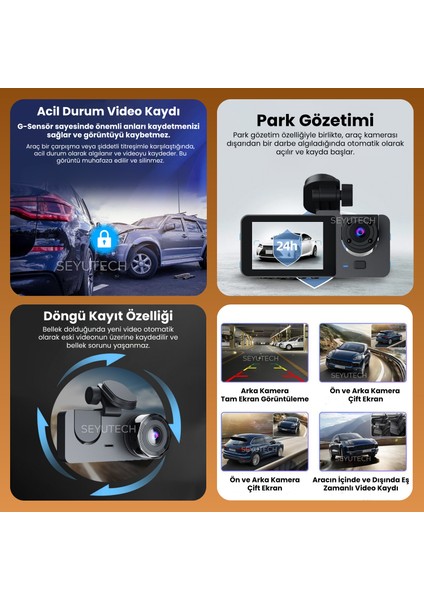 Araç Içi Hd Kamera 3 Kameralı Wifi Özellikli 1080P Full Hd Gece Görüşlü G-Sensör Dashcam Y15 fırsatları