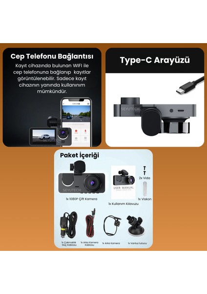 Araç Içi Hd Kamera 3 Kameralı Wifi Özellikli 1080P Full Hd Gece Görüşlü G-Sensör Dashcam Y15 indirimleri