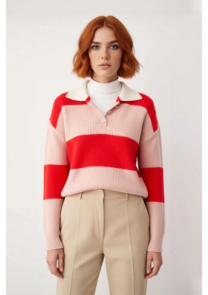 Kadın Polo Yaka Düşük Kol Triko Kazak Renk Bloklu Tasarımıyla Kış Kombinlerinize Modern Dokunuş fiyatları