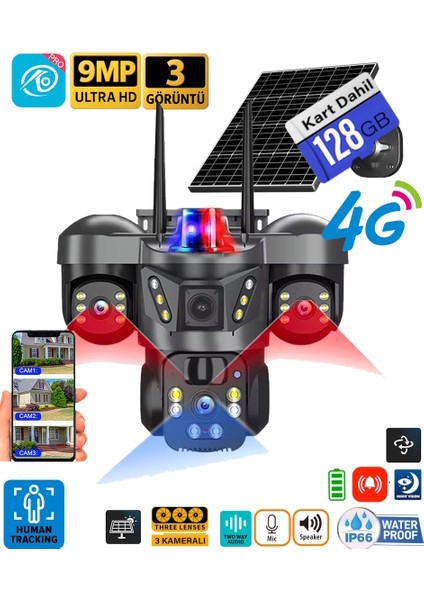 128GB O-Kam 7070 9mp Lens 3 Kamera Ultrahd 4g Solar Gece Görüş Kişi Takip Akıllı Güvenlik Kamerası Çakarlı