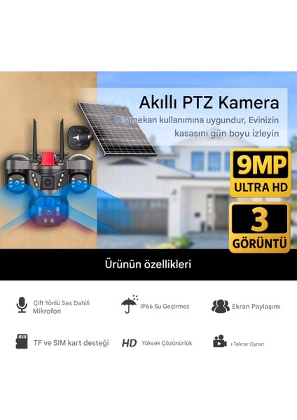128GB O-Kam 7070 9mp Lens 3 Kamera Ultrahd 4g Solar Gece Görüş Kişi Takip Akıllı Güvenlik Kamerası Çakarlı fiyatları