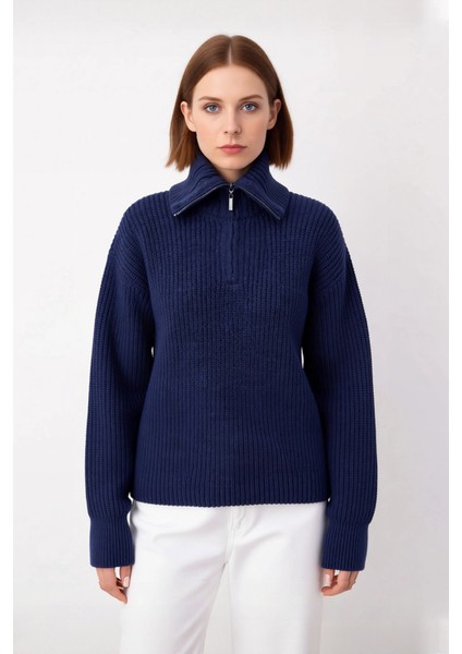 Kadın Casual Regular Kalıp Selanik Dokuma Uzun Kollu Triko Kazak Fermuarlı Dik Yaka Soğuk Havalar