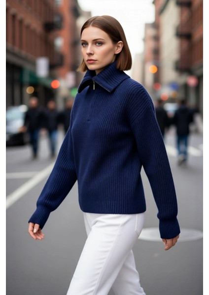 Kadın Casual Regular Kalıp Selanik Dokuma Uzun Kollu Triko Kazak Fermuarlı Dik Yaka Soğuk Havalar modelleri