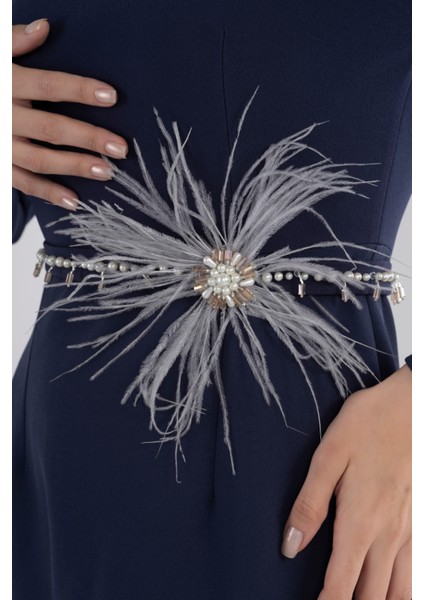 Balık Model Lacivert Straplez Abiye Elbise - El Işleme Kemerli Nikah ve Özel Günler