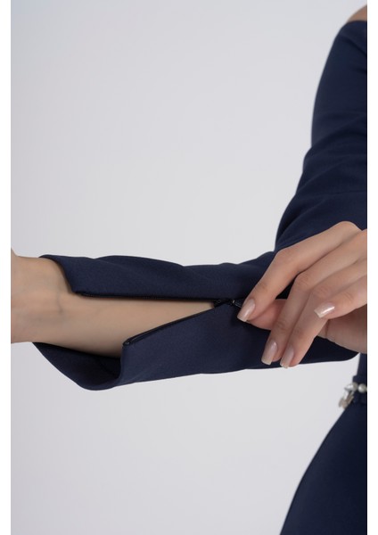 Balık Model Lacivert Straplez Abiye Elbise - El Işleme Kemerli Nikah ve Özel Günler