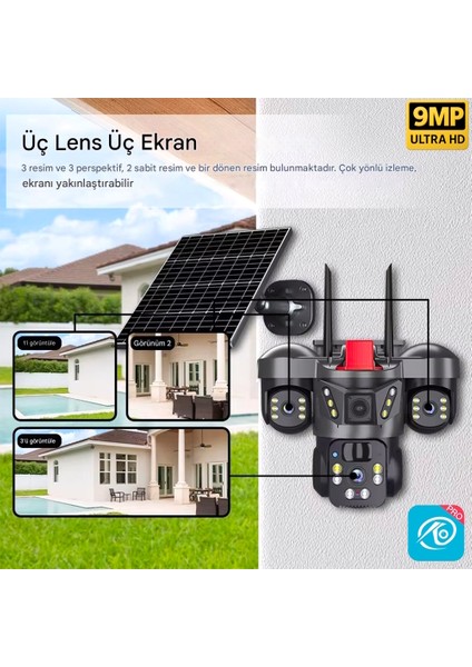 128GB O-Kam 7070 9mp Lens 3 Kamera Ultrahd 4g Solar Gece Görüş Kişi Takip Akıllı Güvenlik Kamerası Çakarlı