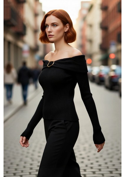 Kadın Kahverengi Aksesuar Detaylı Ince Triko Kazak Carmen Yaka Fitted Şık Giyim Kaliteli fırsatları