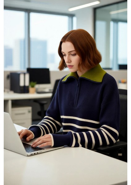 Kadın Kışlık Geniş Kalıp Düşük Kol Triko Kazak Yarım Fermuar Detaylı Çizgili Tasarım Kaliteli