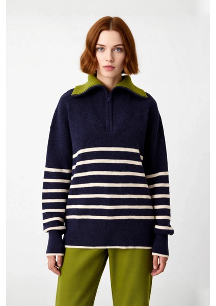 Kadın Kışlık Geniş Kalıp Düşük Kol Triko Kazak Yarım Fermuar Detaylı Çizgili Tasarım Kaliteli fiyatları