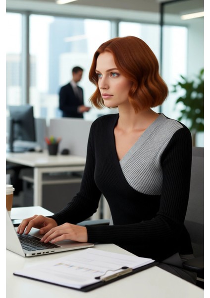 Kadın Fitted Akrilik Kumaş Kruvaze Yaka Uzun Kollu Triko Kazak Günlük Şık ve Rahat Kullanım Için