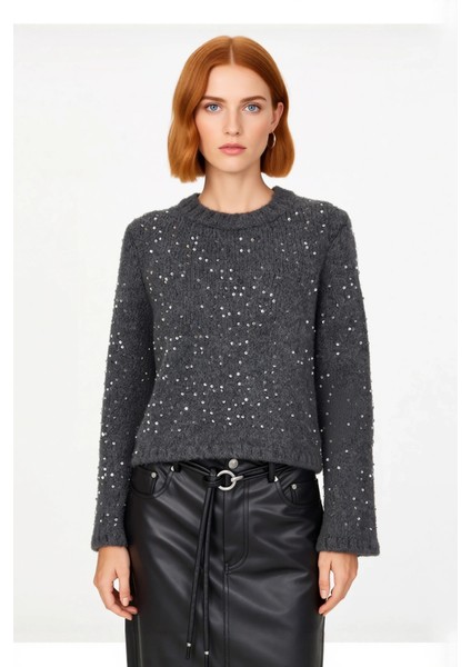 Kadın Fashion Forward Crop Pul Payetli Bisiklet Yaka Regular Fit Orta Kalın Triko Kazak Kaliteli fiyatları