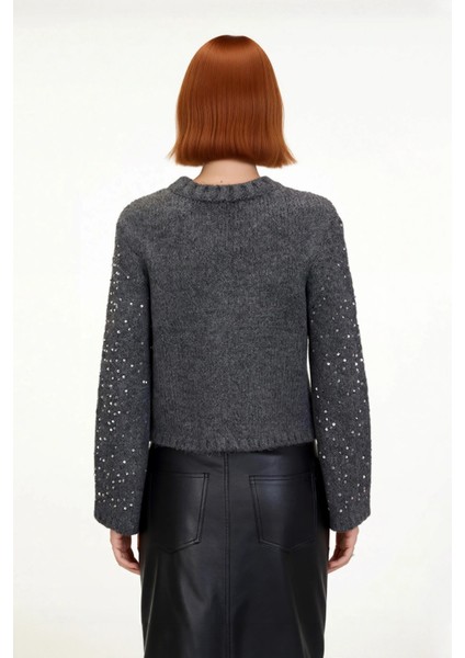 Kadın Fashion Forward Crop Pul Payetli Bisiklet Yaka Regular Fit Orta Kalın Triko Kazak Kaliteli modelleri