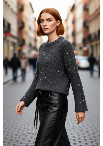 Kadın Fashion Forward Crop Pul Payetli Bisiklet Yaka Regular Fit Orta Kalın Triko Kazak Kaliteli fırsatları