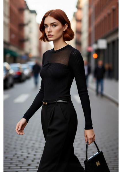 Kadın Bisiklet Yaka Fitted Kesim Transparan Ajurlu Detaylı Modern Triko Kazak Kaliteli Şık modelleri