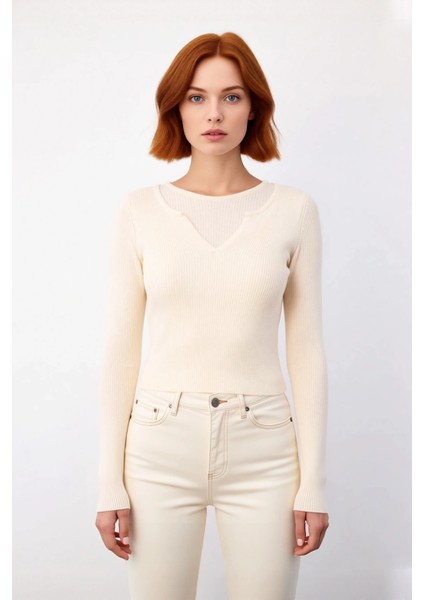 Şık Kadın Fitted Kesim Uzun Kollu Triko Kazak Renk Bloklu Basic Siluet Kış Sonbahar Kombinlerinin