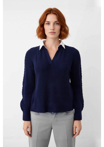 Kadın Lacivert Regular Kalıp Triko Kazak Düşük Kol Gömlek Yaka Saç Örgülü Kışlık Şıklık Kaliteli