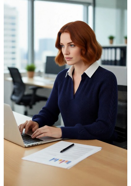 Kadın Lacivert Regular Kalıp Triko Kazak Düşük Kol Gömlek Yaka Saç Örgülü Kışlık Şıklık Kaliteli fırsatları