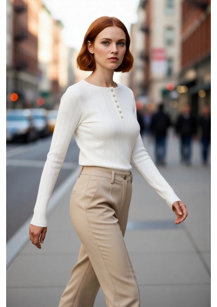 Kadın Ince Fitted Triko Bisiklet Yaka Uzun Ispanyol Kollu Fitilli Kışlık Kazak Gündüz Şıklığı fırsatları