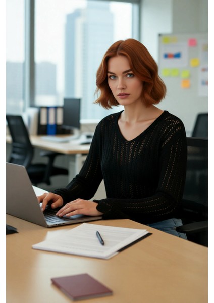 Kadın Ajurlu Triko Kazak V Yaka Uzun Kol Regular Kalıp Geçiş Mevsimleri Için Ideal Şıklık Kaliteli