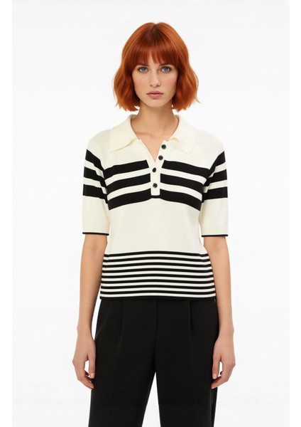 Ilkbahar Sonbahar Kadın Renk Bloklu Polo Yaka Kısa Kollu Ince Triko Bluz Basic Şıklık Sunar