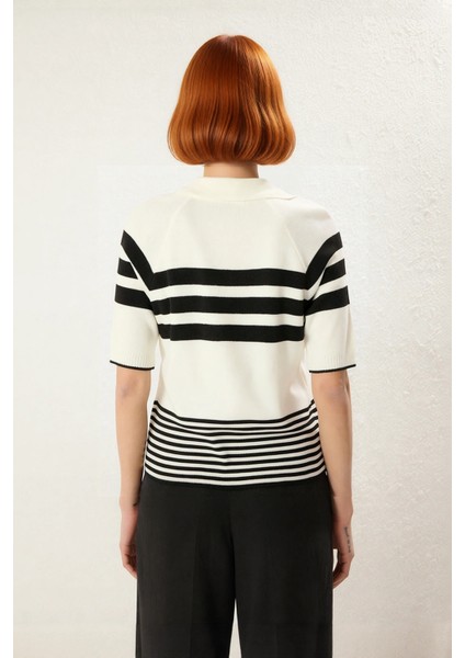 Ilkbahar Sonbahar Kadın Renk Bloklu Polo Yaka Kısa Kollu Ince Triko Bluz Basic Şıklık Sunar fiyatları