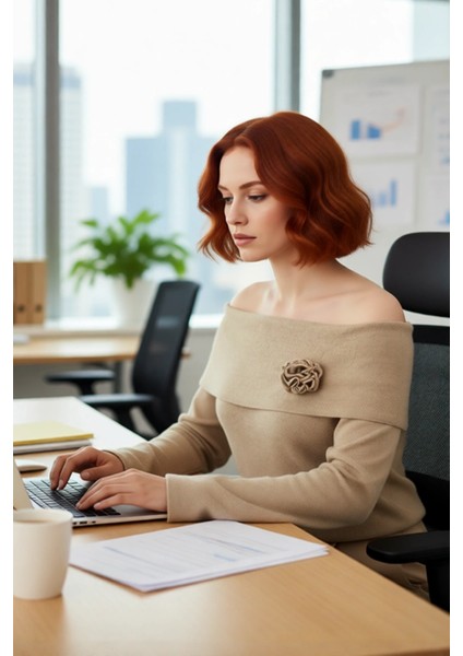 Kadın Carmen Yaka Triko Kazak Düz Desenli Fitted Uzun Kollu Şık Çiçek Detaylı Kış Modası Kaliteli