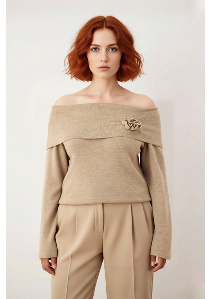 Kadın Carmen Yaka Triko Kazak Düz Desenli Fitted Uzun Kollu Şık Çiçek Detaylı Kış Modası Kaliteli fiyatları