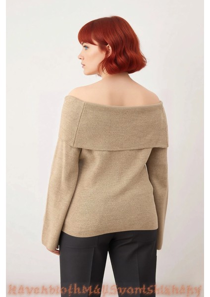 Kadın Carmen Yaka Triko Kazak Düz Desenli Fitted Uzun Kollu Şık Çiçek Detaylı Kış Modası Kaliteli modelleri