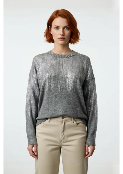 Kadın Oversize Düşük Kol Triko Bisiklet Yaka Gri Metalik Yansımalı Kışlık Kazak Modeli Kaliteli