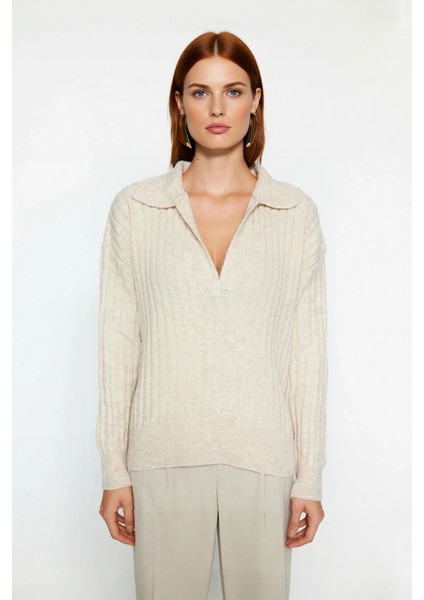 Kadınlara Özel Oversize Fitilli Triko Kazak Düşük Kol Polo Yaka Kış Sezonu Için Ideal Günlük Giyim