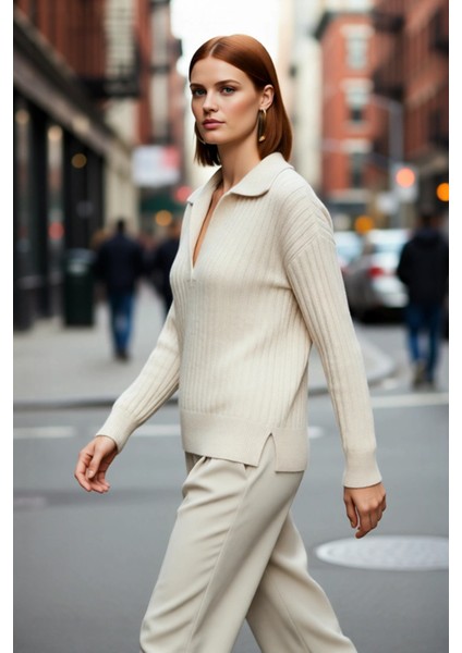 Kadınlara Özel Oversize Fitilli Triko Kazak Düşük Kol Polo Yaka Kış Sezonu Için Ideal Günlük Giyim modelleri