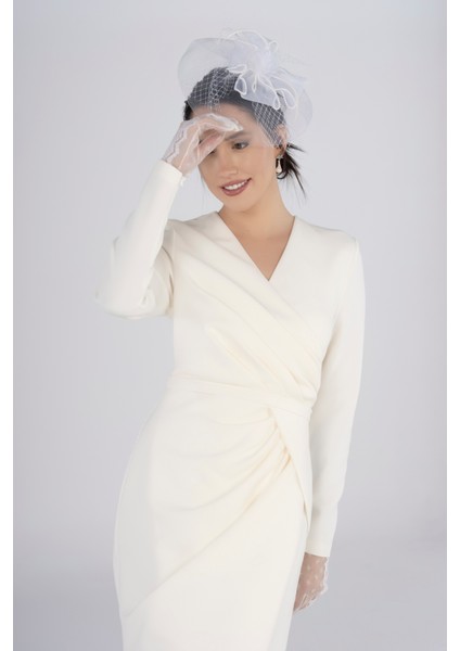 Kırık Beyaz Drapeli Uzun Elbise – Gizli Fermuarlı, Rahat Formda Nikah & Özel Gün Elbisesi fiyatları