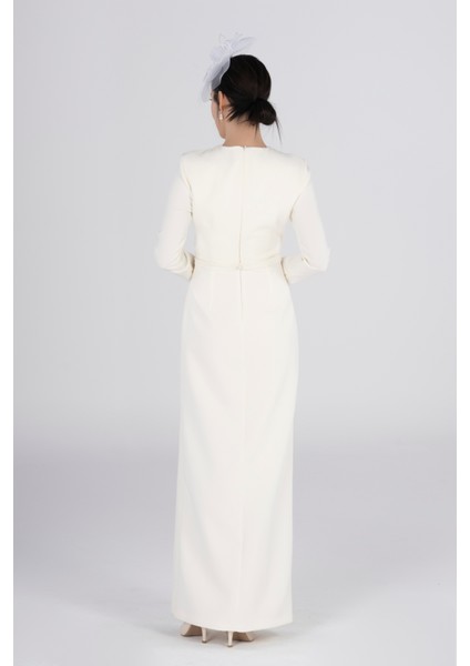 Kırık Beyaz Drapeli Uzun Elbise – Gizli Fermuarlı, Rahat Formda Nikah & Özel Gün Elbisesi modelleri