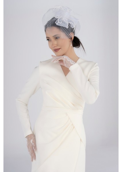 Kırık Beyaz Drapeli Uzun Elbise – Gizli Fermuarlı, Rahat Formda Nikah & Özel Gün Elbisesi indirimleri