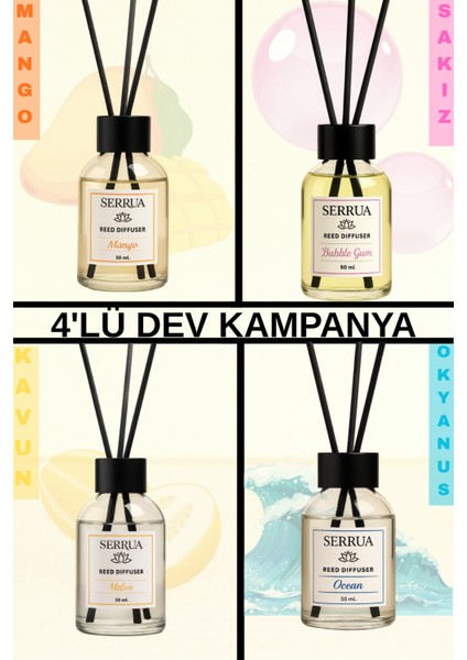 4'lü Çubuklu Oda Kokusu Seti (Kavun-Mango-Sakız-Okyanus) Reed Dıffuser